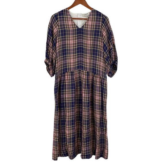 Sea New York Rooney Dress Womens Size 2 Blue Cream Plaid Short Sleeve Midi Relax - Picture 1 of 13